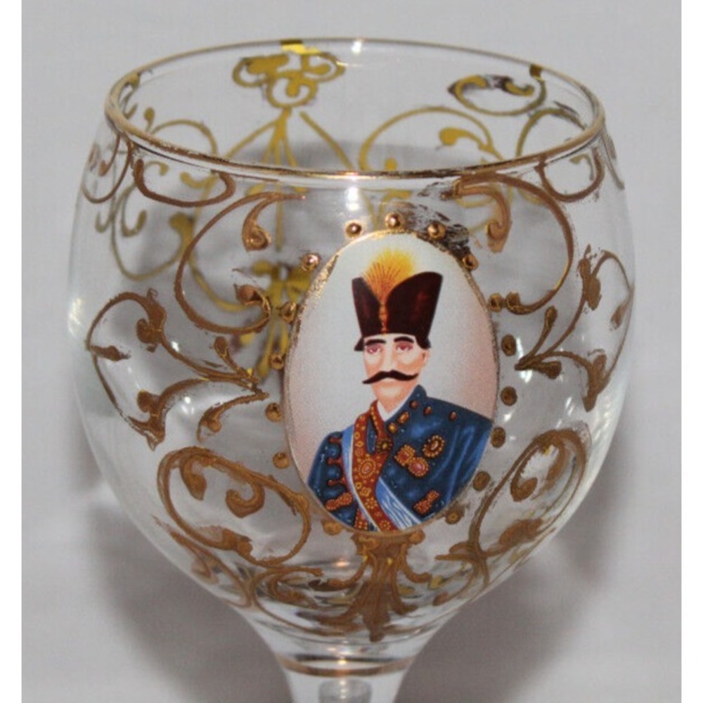 antique Naser al-Din Shah Qajar of Persia stemmed wine glass clear w/ gold trim - Picture 4 of 10
